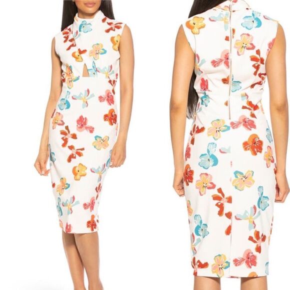 Elouise Floral Draped Cutout Midi Dress - Picture 1 of 9